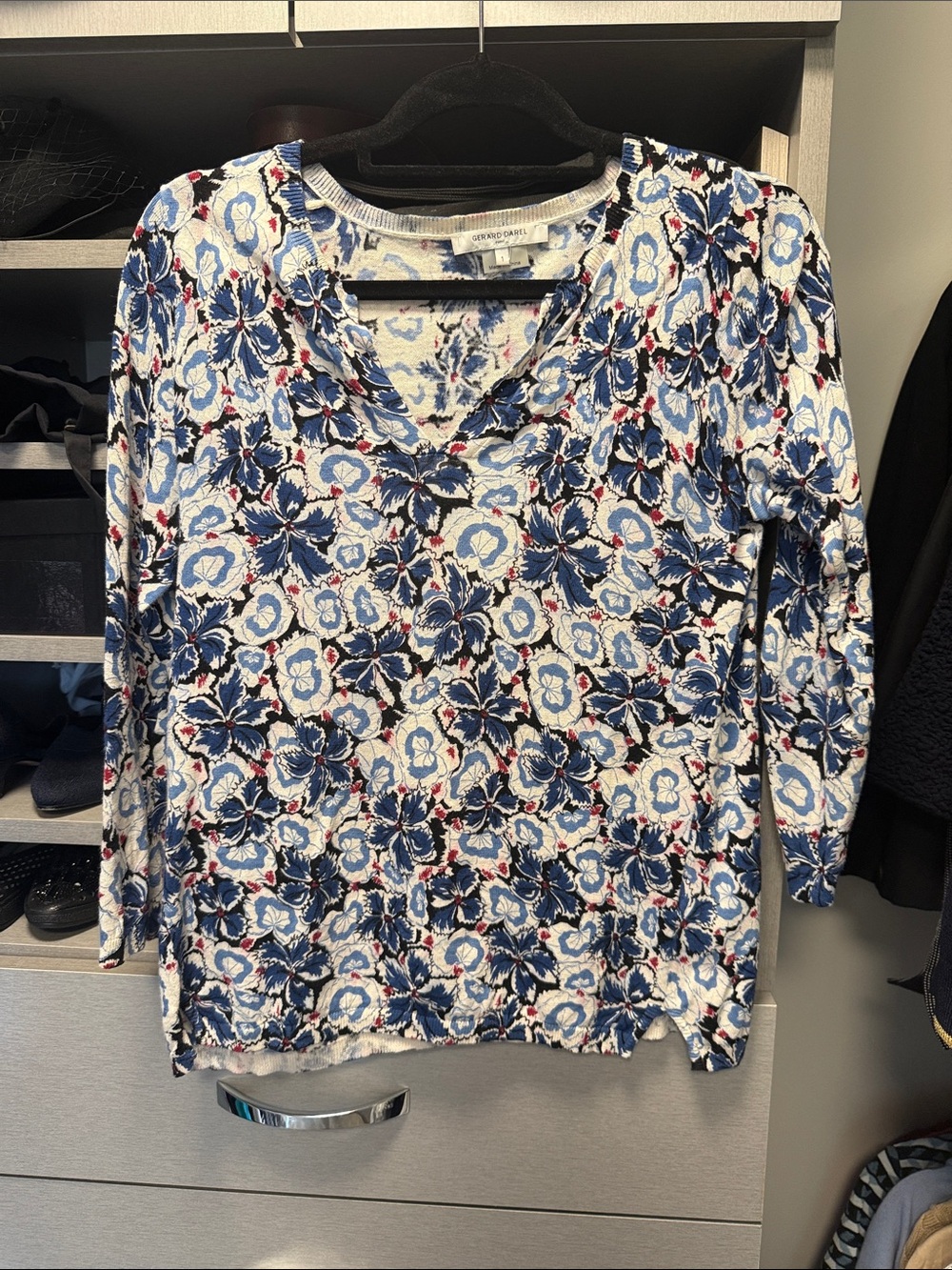 Gerard Darel Blue, White and Red Floral Long Sleeve V-Neck Top